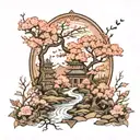 A magical forest scene with cherry blossom trees and Chinese patterns woven into the landscape tattoo design idea