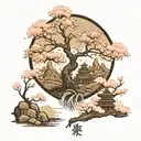 A magical forest scene with cherry blossom trees and Chinese patterns woven into the landscape tattoo design idea