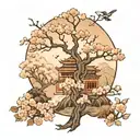 A magical forest scene with cherry blossom trees and Chinese patterns woven into the landscape tattoo design idea