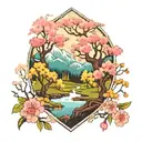 A magical forest scene with cherry blossom trees and Chinese patterns woven into the landscape tattoo design idea