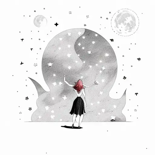 female standing on moon letting go small stars form hands. style color and cute tattoo design idea
