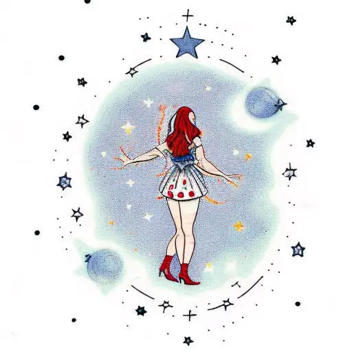 female standing on moon letting go small stars form hands. style color and cute tattoo design idea