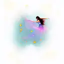 female standing on moon letting go small stars form hands. style color and cute tattoo design idea