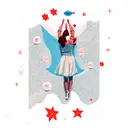 female standing on moon letting go small stars form hands. style color and cute tattoo design idea