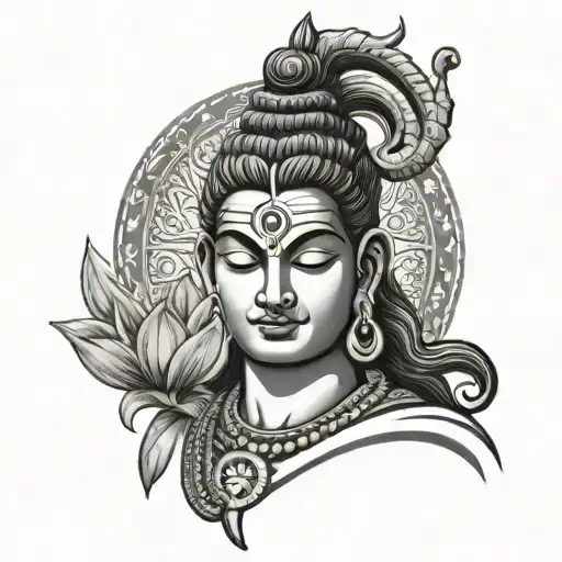 A black-grey tattoo of the deity Shiva in a meditative pose with a third eye on his forehead tattoo design idea