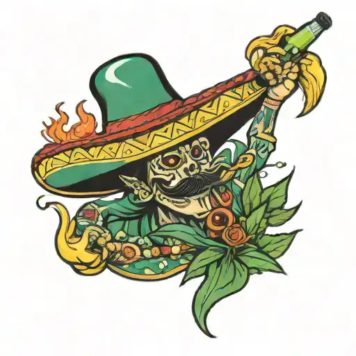 Mexican wearing a sombrero smoking weed and a tequila bottle in the hand riding a missile  tattoo design idea
