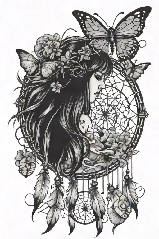 psychedelic dream Catcher mushrooms and fairies dancing tattoo design idea