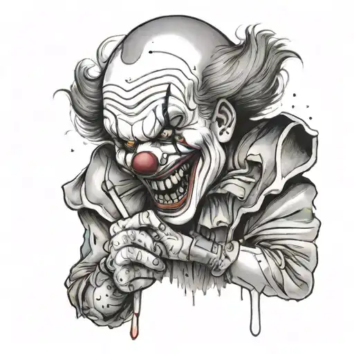 A sinister clown holding a blood-stained scalpel in a dark alley tattoo design idea