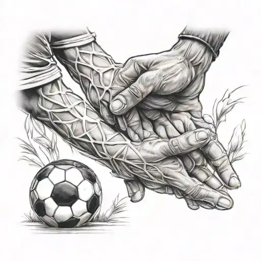 dad holding sons hand in soccer enviornment tattoo design idea