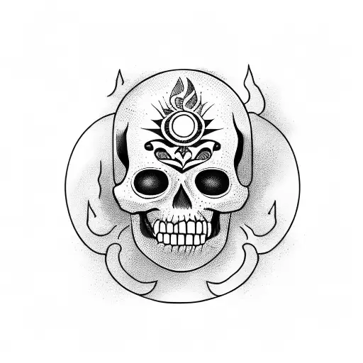 una calavera llena de fuego y espadas tattoo design idea