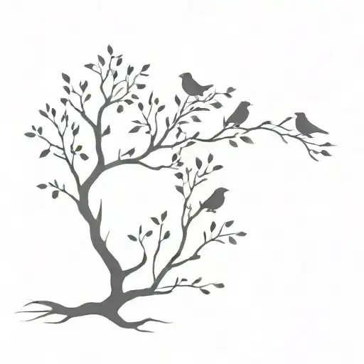 A minimalist design of a tree with intricate bird silhouettes perched on the branches tattoo design idea