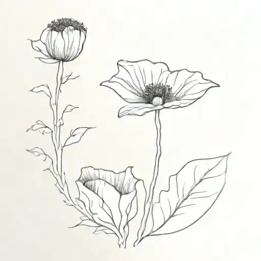 A minimalist design of a single poppy flower with a tiny hidden salamander at its center tattoo design idea