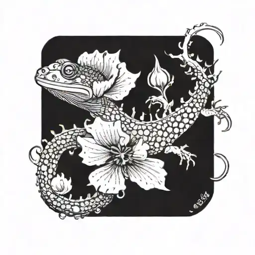Salamander with a poppy coming out of its mouth tattoo design idea