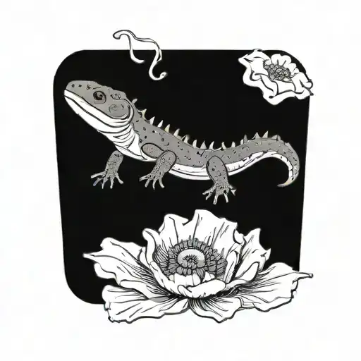 Salamander with a poppy coming out of its mouth tattoo design idea
