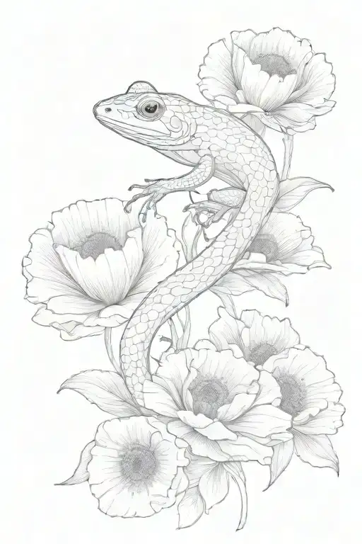 salamander and poppy and bird tattoo design idea