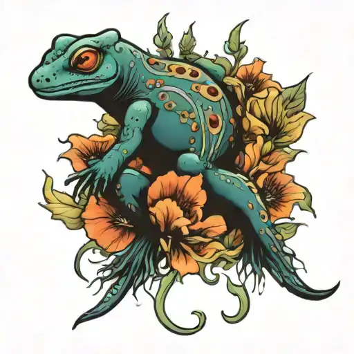 Salamander and poppy tattoo design idea