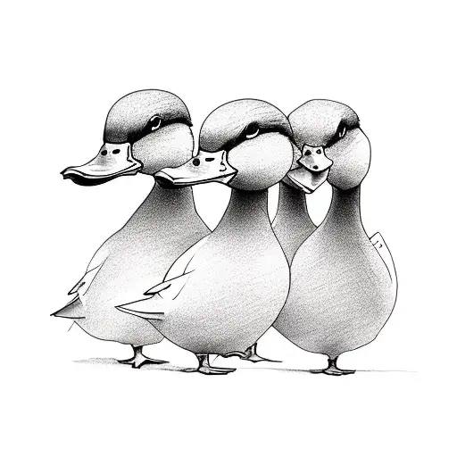 three ducks in a row. one holds a knife, one a set of plans and one a two way radio.  tattoo design idea