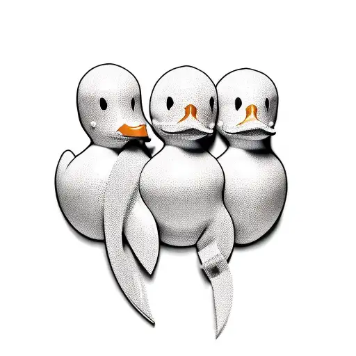three rubber ducks in a row. one holds a knife, one a set of plans and one a two way radio.  tattoo design idea