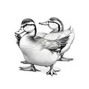 three ducks in a row. one holds a knife, one a set of plans and one a two way radio.  tattoo design idea