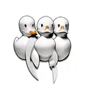 three rubber ducks in a row. one holds a knife, one a set of plans and one a two way radio.  tattoo design idea