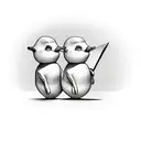 three rubber ducks in a row. one holds a knife, one a set of plans and one a two way radio.  tattoo design idea