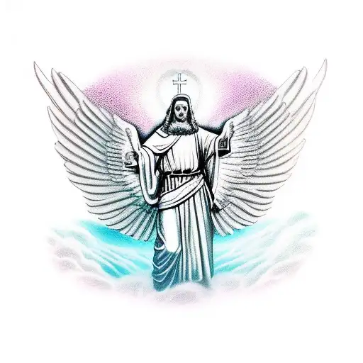 Saint Jude on top of stairs with Saint Michael below tattoo design idea