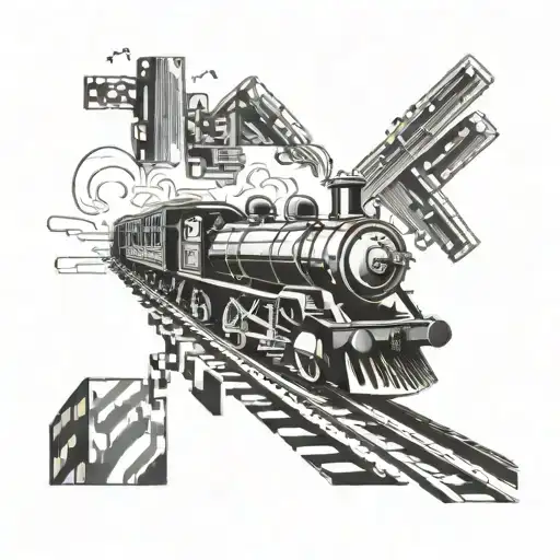 A train racing against a Formula One car on a track made of carpentry tools tattoo design idea