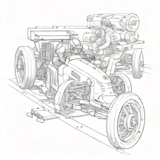 A carpenter building a Formula One car out of train parts tattoo design idea