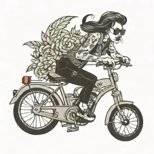 girl with tattoos riding a bike playing harmonica with eyes closed traditional tattoo style tattoo design idea