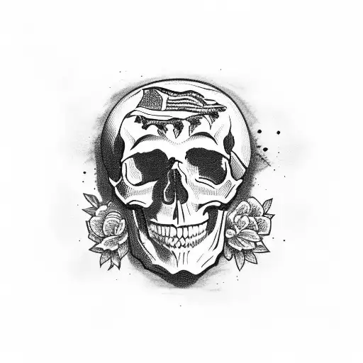 Skull with flowers and american flag tattoo design idea