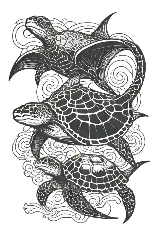 manta ray with turtle swimming tattoo design idea