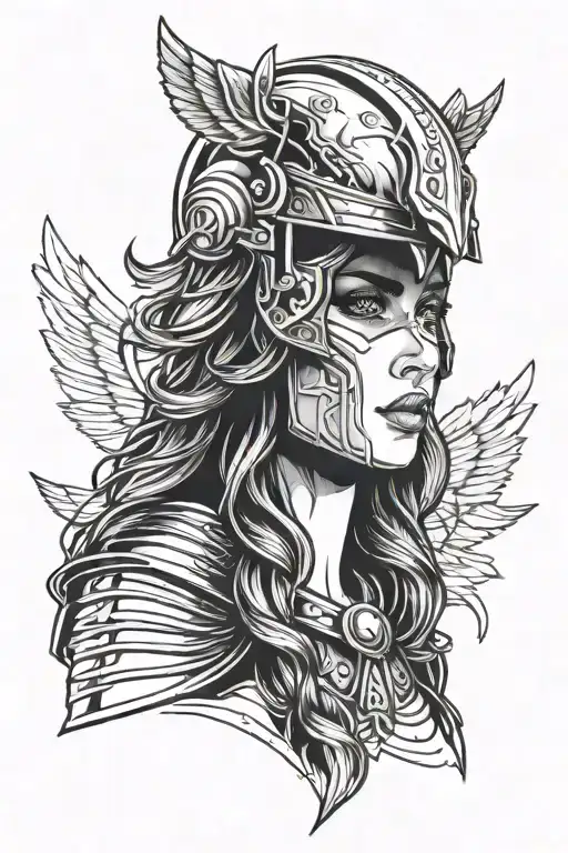 Ana de armas face as a Valkyrie with helmet tattoo design idea