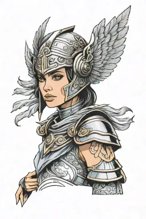 Ana de armas face as a Valkyrie with helmet tattoo design idea