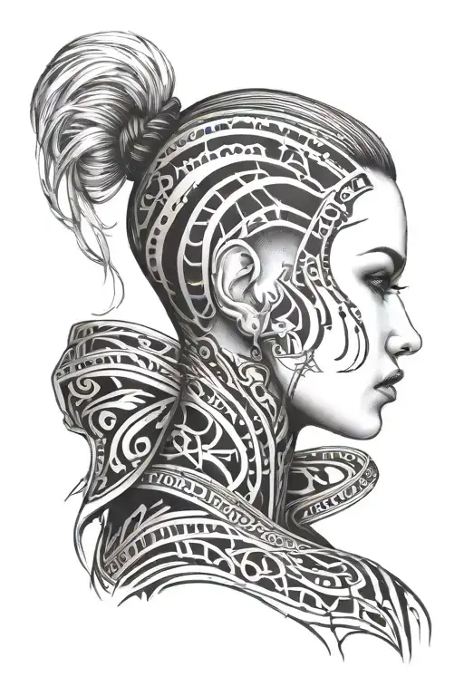 girl cyberpank shaved hair side with cyber tribal tattoo design idea