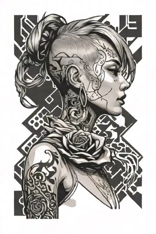 girl cyberpank shaved hair side tattoo design idea