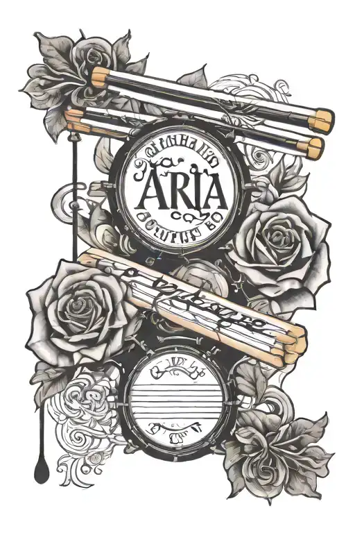 Two parallel drum sticks with writing 'Aria Rose' within one drum stick, 'Henry Charles' on the other, no other imagery tattoo design idea