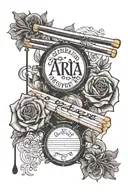 Two parallel drum sticks with writing 'Aria Rose' within one drum stick, 'Henry Charles' on the other, no other imagery tattoo design idea