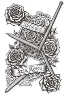 Two parallel drum sticks with writing 'Aria Rose' within one drum stick, 'Henry Charles' on the other, no other imagery tattoo design idea