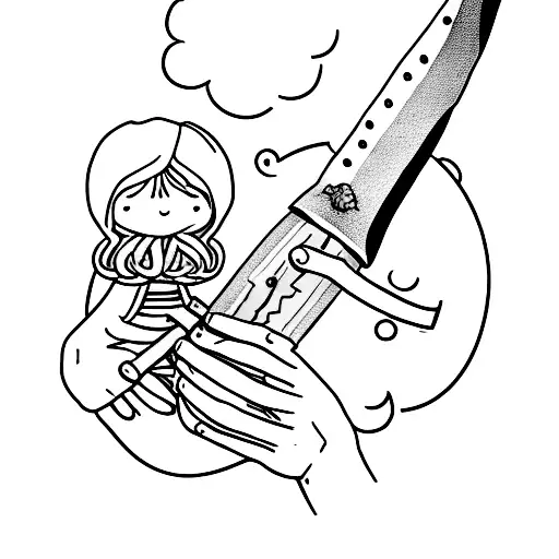 mother hands holding a a sword that is destroyed in half tattoo design idea