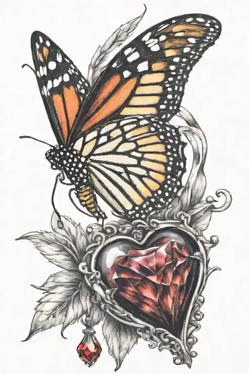 monarch butterfly carrying a red ruby crystal heart tattoo design idea
