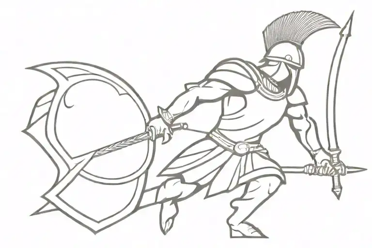 Achilles Warrior wearing a helmet and holding a spear with his shield, black-and-white Gothic style tattoo tattoo design idea