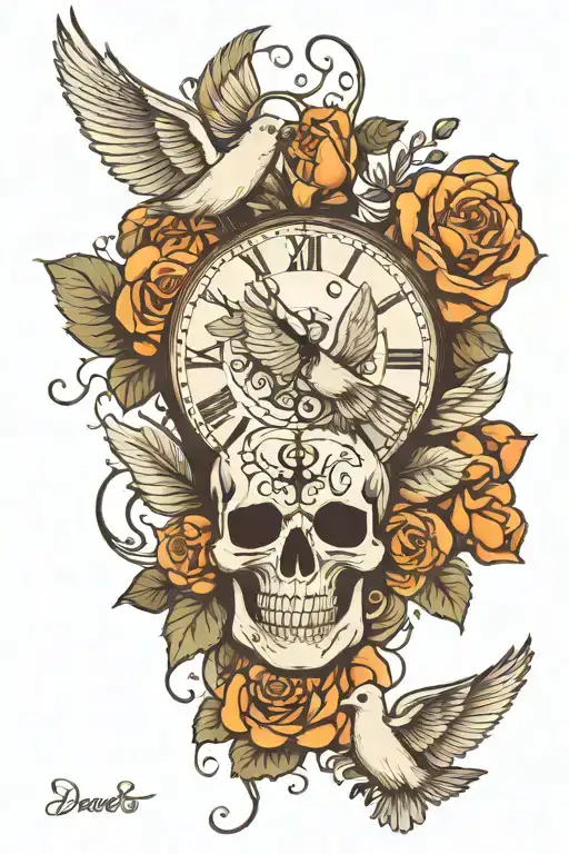 dove roses clock skull tattoo design idea