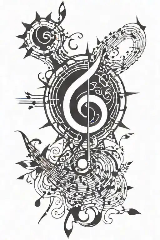 A stylized watercolor sun with musical notes flowing out of it tattoo design idea