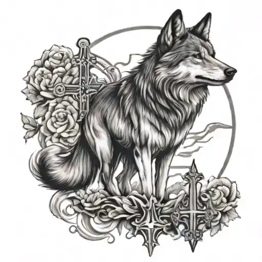 cross and wolf tattoo design idea