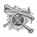 A baseball bat and ski poles crossed together, representing the client's passion for skiing and baseball tattoo design idea