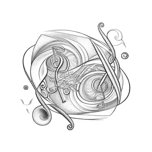 A tattoo design featuring musical notes and lyrics in Spanish intertwined with waves and seashells, symbolizing your love for music and the sea tattoo design idea
