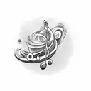 A tattoo design featuring musical notes and lyrics in Spanish intertwined with waves and seashells, symbolizing your love for music and the sea tattoo design idea