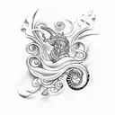 A tattoo design featuring musical notes and lyrics in Spanish intertwined with waves and seashells, symbolizing your love for music and the sea tattoo design idea