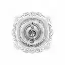 A tattoo design featuring musical notes and lyrics in Spanish intertwined with waves and seashells, symbolizing your love for music and the sea tattoo design idea