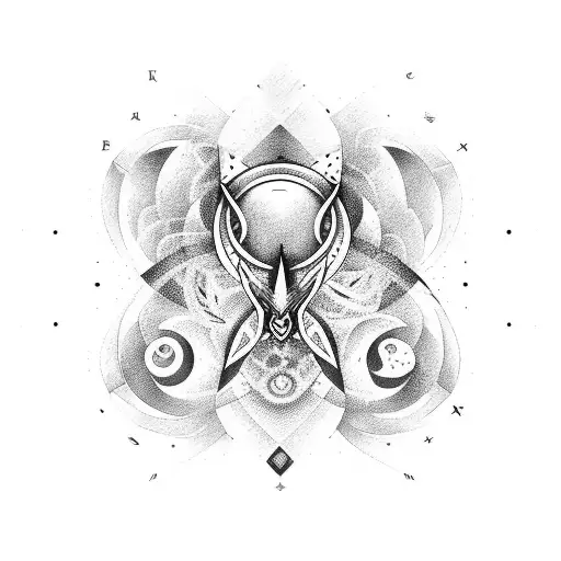 An abstract design combining elements of all three zodiac signs, with a focus on balance and harmony, in a dotwork style tattoo design idea